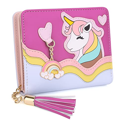 UTO Nette Geldbörse Mädchen PU Leder Portemonnaie Damen Quaste Anhänger Kartenhalter Kawaii Einhorn Muster Münze Geldbeutel für Valentinstag Muttertag Geburtstag Gedenktag Weihnachten Neujahr Rosarot von UTO