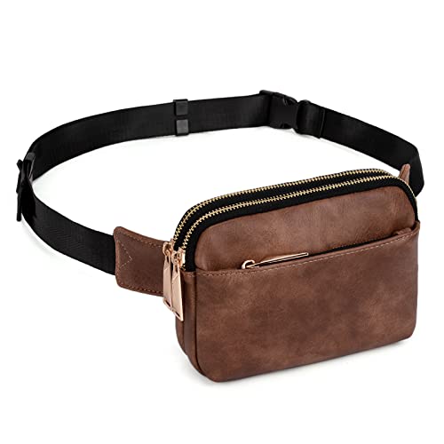 UTO Gürteltasche für Damen Herren wasserdichte Bauchtasche Hüfttasche PU Leder Mode Schlanke Leichte Waist Pack Tasche mit 3 Reißverschlusstaschen Braun von UTO