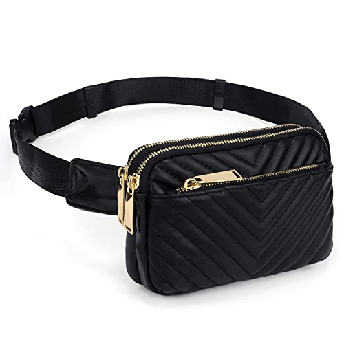 UTO Gürteltasche für Damen wasserdichte Bauchtasche Gesteppte Hüfttasche PU Leder Mode Schlanke Leichte Waist Pack Tasche mit 3 Reißverschlüsse Schwarz von UTO