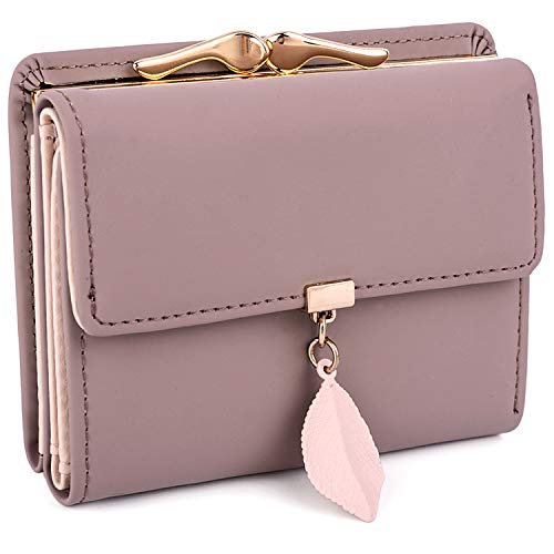 UTO Geldbörse Damen Klein mit Feiner Anhänger Kleines Portemonnaie RFID Blatt Bi-Fold Brieftasche Mini Geldbeutel Viele Fächern Druckknopf Münzfach Portmonee Weihnachten Neujahr Pale Mauve von UTO