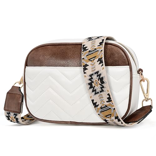 UTO Kleine Umhängetasche Damen Leder Stylisch Handbag Tasche Vielen Fächer Breiter Gurt Crossbody Bag mit Verstellbarer Schultergurt Schultertasche Kunstleder W Muster Weiß Braun von UTO
