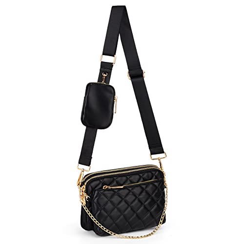 UTO Kleine Umhängetasche Damen 3 in 1 Crossbody Bag Damen Breiter Gurt mit Münzbeutel Handtasche Abnehmbare Kette Schultertasche mit Abnehmbarer Verstellbarer Schultergurt Rhombische Gesteppte Schwarz von UTO