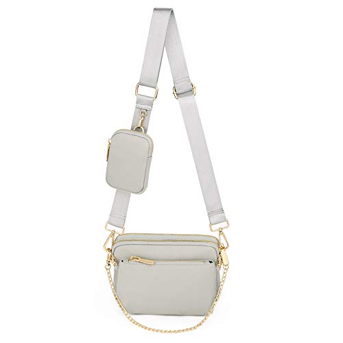 UTO Kleine Umhängetasche Damen 3 in 1 Crossbody Bag Damen Breiter Gurt mit Münzbeutel Handtasche mit Abnehmbare Kette Schultertasche mit Abnehmbarer Verstellbarer Schultergurt Nylon Grau Stylisch von UTO