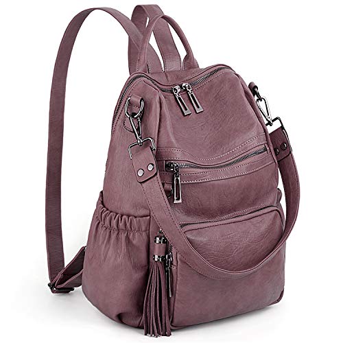 UTO Damen Rucksack PU Washed Leder Modischer Multifunktionsrucksack mit Quastendesign Lässige Schultertaschen vielen Kompartiment Reißverschluss Umhängetasche Rucksack Schule Schulrucksack Taupe Rosa von UTO