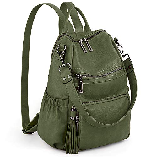 UTO Damen Rucksack PU Washed Leder Modischer Multifunktionsrucksack mit Quastendesign Lässige Schultertaschen vielen Kompartiment Reißverschluss Umhängetasche Rucksack Schule Schulrucksack Grasig von UTO