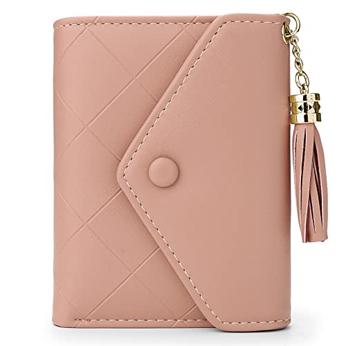 UTO PU Leder Damen Portemonnaie Quaste Karo Münze Clutch Kurze Geldbörse Kartenhalter Reißverschluss Brieftasche Kleiner Geldbeutel Für den Handgebruch Rosa von UTO