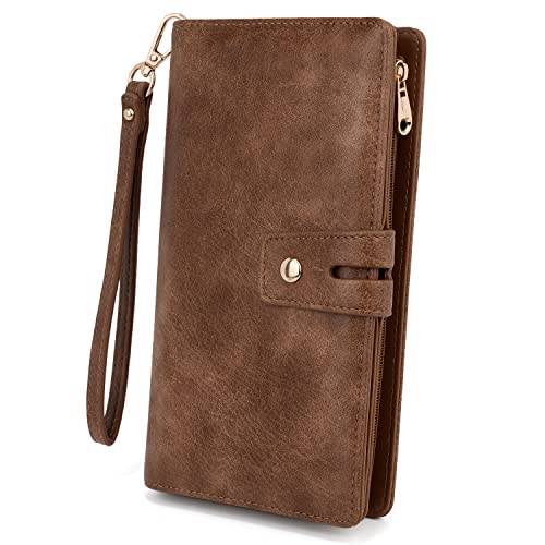 UTO Geldbörse Damen Gross RFID Wristlet Abnehmbarer Scheckhefthalter Karte Bill Clutch Wallet Telefon Organizer Langes Portemonnaie Braun von UTO