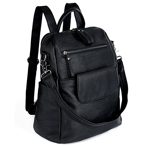 UTO Rucksack Damen Elegant mit Schultergurt Modischer Multifunktionsrucksack Schultertasche Herren PU Leder Backpack Kompartiment Reißverschluss Umhängetasche Schule Schulrucksack Handtasche Schwarz von UTO
