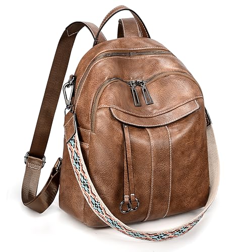 UTO Rucksack Damen Klein Schultertasche PU Leder Wasserdicht Großer Kapazität Viele Fächer Abnehmbare Schultergurt Rucksackhandtaschen Frauen Tagesrucksack Alltag Arbeit Outdoor Reisen Braun von UTO
