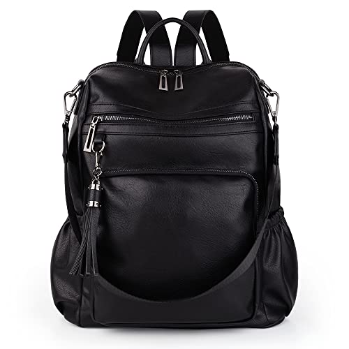 UTO Rucksack Damen Kunstleder Handgepäck Rucksack Schule Teenager Mode Multifunktionsrucksack mit Quaste Lässige Schultertasche Groß Kapazität Reißverschluss Rucksäcke Für Reise Universität Schwarz von UTO