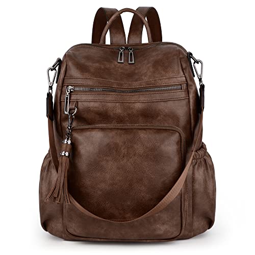 UTO Rucksack Damen Kunstleder Handgepäck Rucksack Schule Teenager Mode Multifunktionsrucksack mit Quaste Lässige Schultertasche Groß Kapazität Reißverschluss Rucksäcke Für Reise Universität Kaffee von UTO