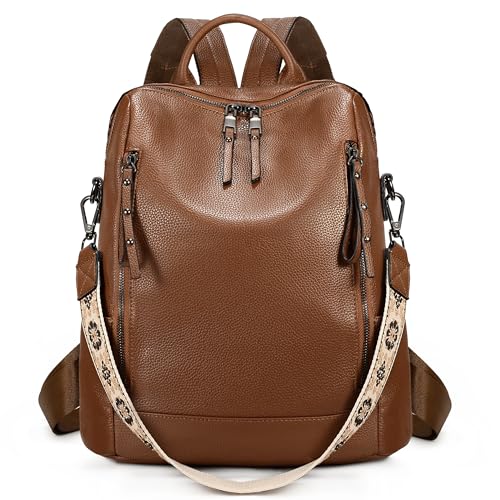 UTO Rucksack Damen Leder Elegant Wasserdicht Großer Kapazität Viele Fächer Rucksackhandtaschen Frauen Abnehmbare Schultergurte Tagesrucksack Cityrucksack für Alltag Arbeit Outdoor Reisen Braun von UTO