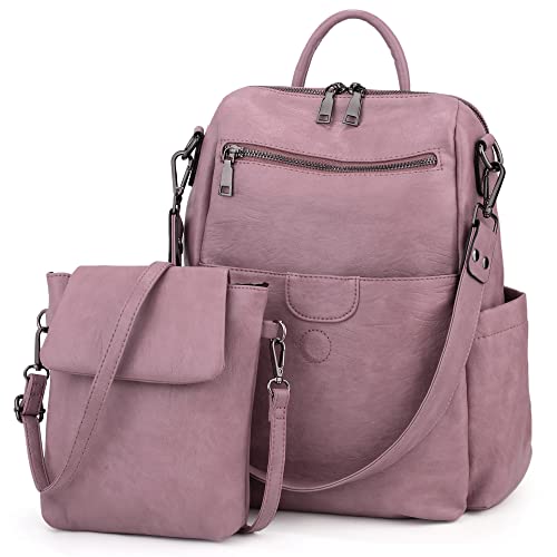 UTO Rucksack Damen Leder mit Abnehmbar Crossbody Schultertasche 2 in 1 Multifunktion Magnetischer Klappdeckel Schule Handtasche Schulrucksack Rucksackhandtaschen Daypack Gewaschen Leder Dopplelila von UTO