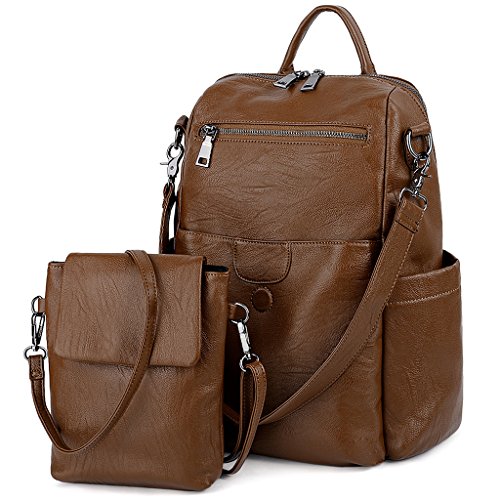 UTO Rucksack Damen Leder mit Abnehmbar Crossbody Schultertasche 2 in 1 Multifunktion Magnetischer Klappdeckel Schule Handtasche Schulrucksack Rucksackhandtaschen Daypacks Modisch Gewaschen Leder Braun von UTO
