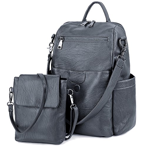 UTO Rucksack Damen Leder mit Abnehmbar Crossbody Schultertasche 2 in 1 Multifunktion Magnetischer Klappdeckel Schule Handtasche Schulrucksack Rucksackhandtaschen Daypacks Modisch Gewaschen Leder Grau von UTO