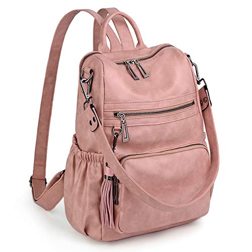 UTO Damen Rucksack Glattleder PU Washed Leder Modischer Multifunktionsrucksack mit Quastendesign Lässige Schultertaschen vielen Kompartiment Reißverschluss Umhängetasche Schule Schulrucksack Rosa von UTO