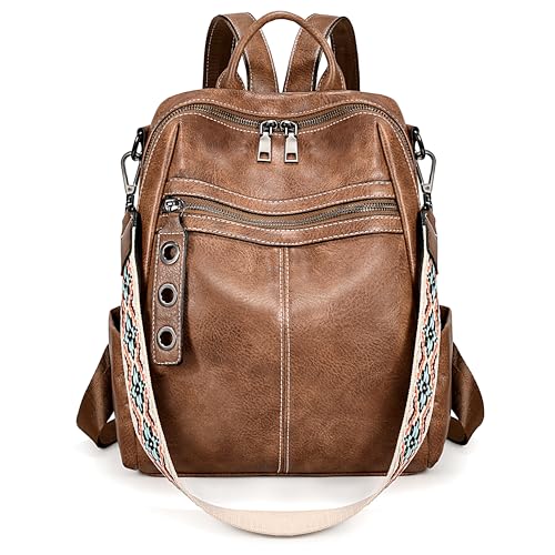 UTO Rucksack Damen Schultertasche PU Leder Wasserdicht Großer Kapazität Viele Fächer Abnehmbare Schultergurte Rucksackhandtaschen Frauen Tagesrucksack für Alltag Arbeit Outdoor Reisen Braun von UTO