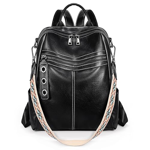 UTO Rucksack Damen Schultertasche PU Leder Wasserdicht Großer Kapazität Viele Fächer Abnehmbare Schultergurte Rucksackhandtaschen Frauen Tagesrucksack für Alltag Arbeit Outdoor Reisen Schwarz von UTO