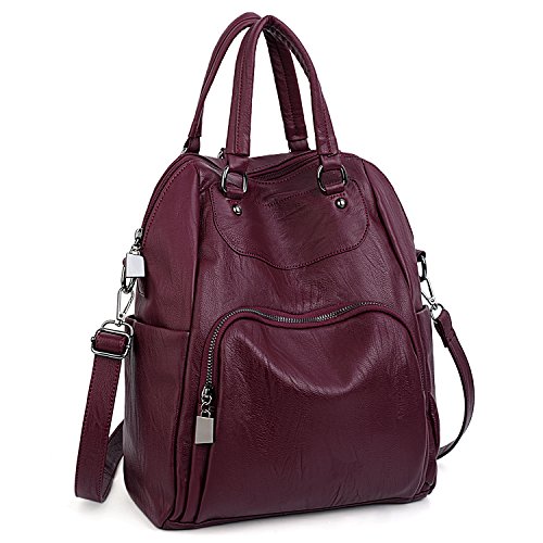 UTO Rücksack Damen Damen PU gewaschen Leder Convertible Frau Rucksack Crossbody Schultertasche rot2 von UTO