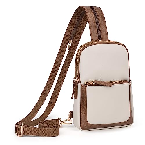 UTO Brusttasche Rucksack Damen 2 in 1 Kunstleder Sling Bag Crossbody Bag Stylisch Verstellbarer Schultergurt Bauchtasche Umhängetasche Tagesrucksack Schultertasche Wasserdicht Weiß Braun von UTO