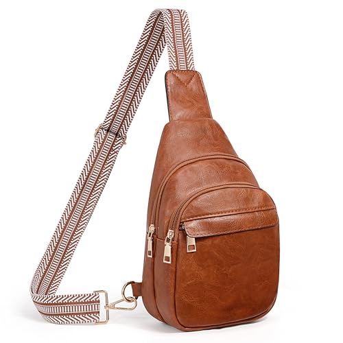 UTO Sling Bag Damen Brusttasche Groß Bauchtasche Stylisch Wasserdicht Reise Crossbody Bag Breiter Gurt Hüfttasche Gürteltasche Umhängetasche Weihnacht Braun von UTO