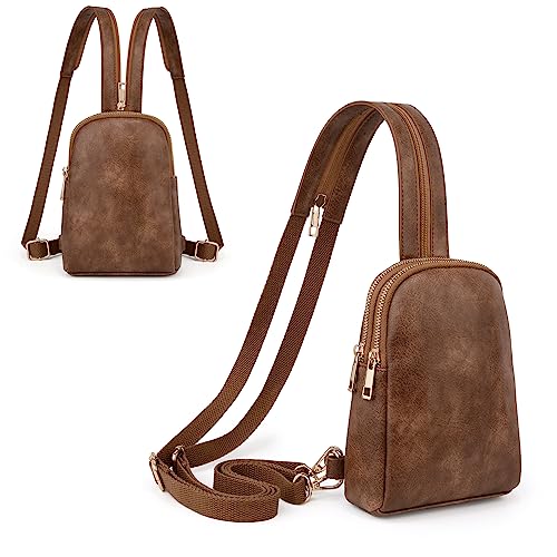 UTO Brusttasche Rucksack Damen 2 in 1 Klein Sling Bag Crossbody Bag Kunstleder Bauchtasche Stylisch Tagesrucksack Verstellbarer Schultergurt Umhängetasche Wasserdicht Daypack Schultertasche Braun von UTO