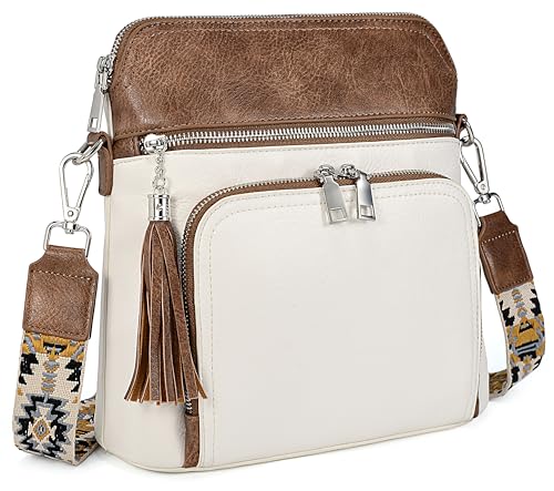 UTO Umhängetasche Damen Gross RFID Blockierung PU Leder Vielen Fächer mit Reißverschluss Wasserdicht Schultertasche Kunstleder Breiter Gurt Crossbody Bag mit Verstellbarer Schultergurt Braun und Weiß von UTO