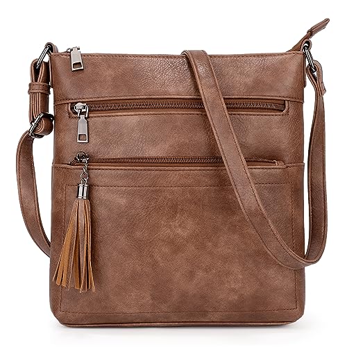 UTO Umhängetasche Damen Mittelgroß Leder Reißverschlusstasche Verstellbarer Riemen PU Leder Crossbody Kunstleder Schultertasche Braun von UTO