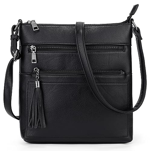 UTO Umhängetasche Damen Mittelgroß Leder Reißverschlusstasche Verstellbarer Riemen PU Leder Crossbody Kunstleder Schultertasche Schwarz von UTO