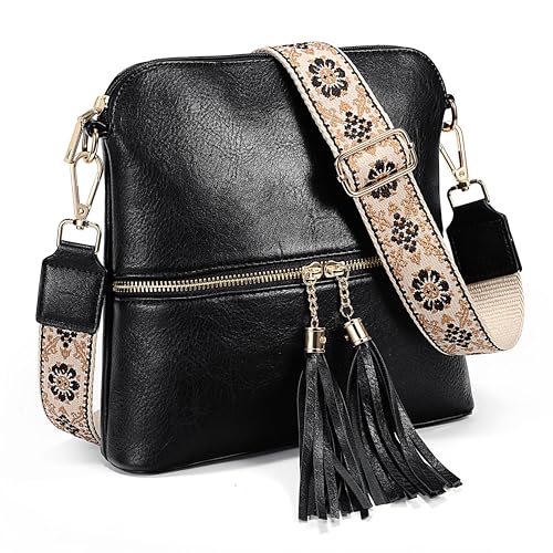 UTO Umhängetasche Damen Stylisch mit Quasten Reißverschluss PU Leder Handtasche Schultertasche Kunstleder Vielen Fächer Breiter Gurt Crossbody Bag mit Verstellbarer Schultergurt Schwarz von UTO