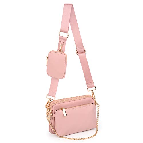 UTO Umhängetasche Damen 3 in 1 Crossbody Bag Damen Breiter Gurt mit Münzbeutel Handtasche mit Abnehmbare Kette Schultertasche mit Abnehmbarer Verstellbarer Schultergurt Kleine Tasche Nylon Pink Modern von UTO