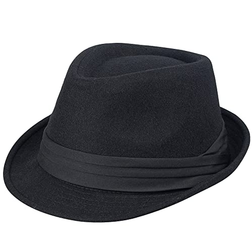 Herren Klassische karierte Manhattan strukturierte Gangster Trilby Fedora Hut kubanischer Stil Derby Hut Jazz Cap (Größe L/7 1/4), Schwarz – Tri-Plissee-Hutband, large von UTOWO