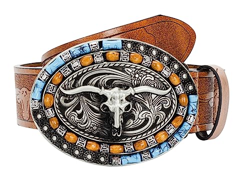 UTOWO Western-Cowboy-Gürtel aus PU-Leder für Damen und Herren, Jeans, graviert, florales Longhorn-Bull-Schnallengürtel (68,6–101,6 cm Taille), Stier Perle-braun, for 36-40" waist von UTOWO