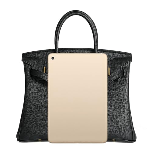 UTOYA Echtleder-Tasche mit Henkel, Damen-Handtasche mit Schloss, große Umhängetasche mit großem Fassungsvermögen, Goldschloss (Black,Large) von UTOYA