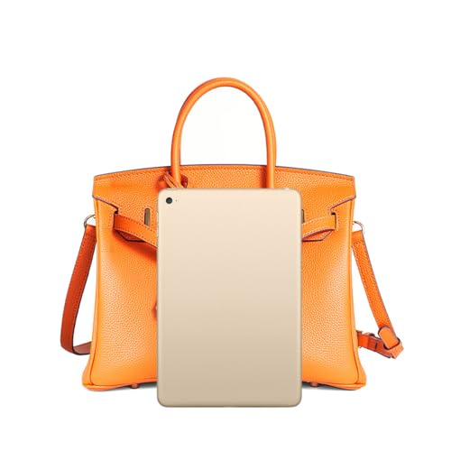 UTOYA Echtleder-Tasche mit Henkel, Damen-Handtasche mit Schloss, große Umhängetasche mit großem Fassungsvermögen, Goldschloss (Orange,Large) von UTOYA