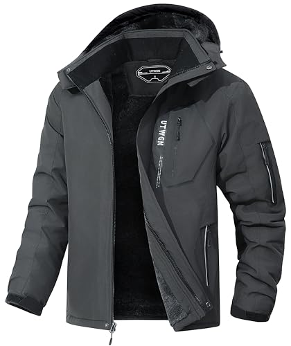 UTWGN Herren Skijacke Winter Warm Schneemantel Wasserdicht Windbreaker Kapuze Arbeit Outerwear Snowboardjacken, Dunkelgrau, L von UTWGN
