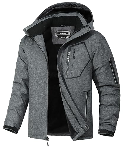 UTWGN Herren Skijacke Winter Warm Schneemantel Wasserdicht Windbreaker Kapuze Arbeit Outerwear Snowboardjacken, Dunkelgrau meliert, XXL von UTWGN