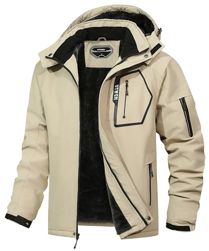 UTWGN Herren Skijacke Winter Warm Schneemantel Wasserdicht Windbreaker Kapuze Arbeit Outerwear Snowboardjacken, Khaki, M von UTWGN