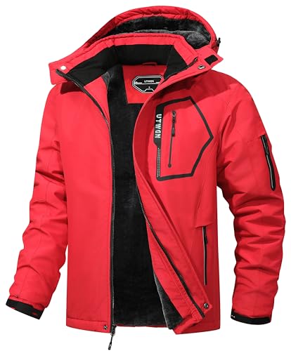 UTWGN Herren Skijacke Winter Warm Schneemantel Wasserdicht Windbreaker Kapuze Arbeit Outerwear Snowboardjacken, Rot/Ausflug, einfarbig (Getaway Solids), XL von UTWGN