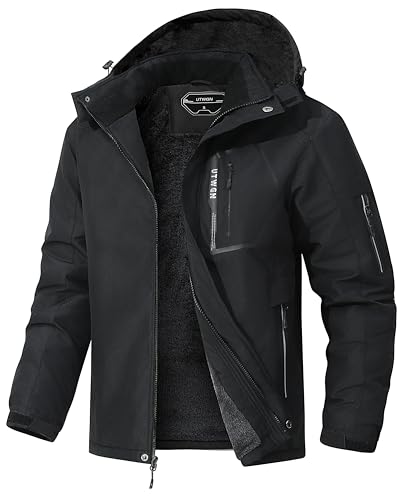 UTWGN Herren Skijacke Winter Warm Schneemantel Wasserdicht Windbreaker Kapuze Arbeit Outerwear Snowboardjacken, Schwarz, M von UTWGN