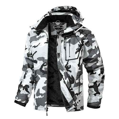 UTWGN Herren Skijacke Winter Warm Schneemantel Wasserdicht Windbreaker Kapuze Arbeit Outerwear Snowboardjacken, Schwarz Camouflage, L von UTWGN