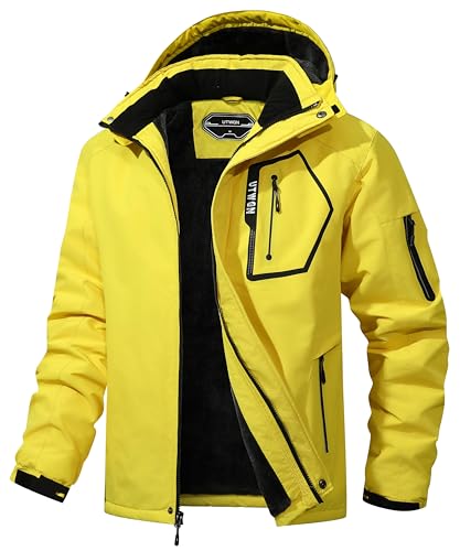 UTWGN Herren Skijacke Winter Warm Schneemantel Wasserdicht Windbreaker Kapuze Arbeit Outerwear Snowboardjacken, gelb, M von UTWGN