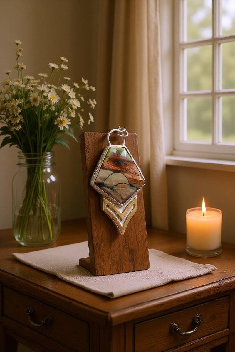 sterling Silber Bild Jaspis Anhänger, Kupfer Vogel Akzent von UTXITA