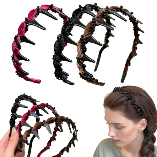 3er-Pack Samt Haarreifen Damen – Hoher Haarreif mit schwarzen Kristallen in Weinrot, Braun & Schwarz, Rutschfestes Accessoire für Hochzeit & Party von UTXN