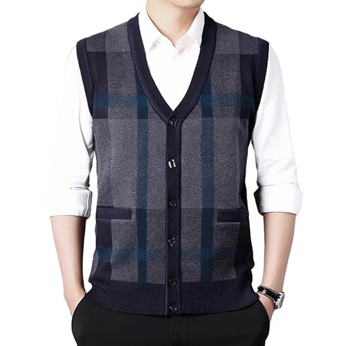 UTZERO Ärmelloser Herrenpullover,Herren Strickwesten,Klassisch Gestreift Pullunder Weste mit Knöpfen Elegante Strickweste mit V-Ausschnitt Und Tasche Herbst Winter Gentleman Fit Tank Tops Marine von UTZERO