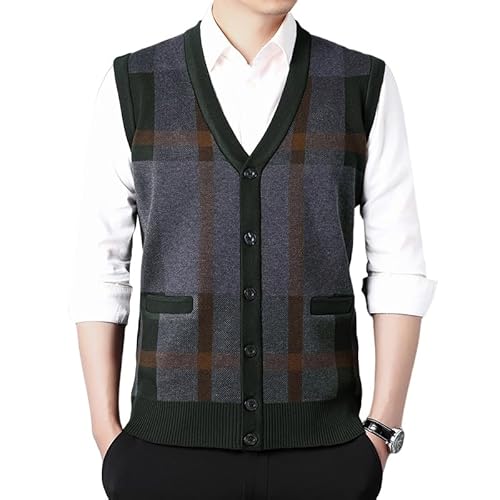 UTZERO Herren-Strickwesten,Herren Strickwesten,Klassisch Gestreift Pullunder Weste mit Knöpfen Elegante Strickweste mit V-Ausschnitt Und Tasche Herbst Winter Gentleman Fit Tank Tops Dunkelgrün 4 von UTZERO