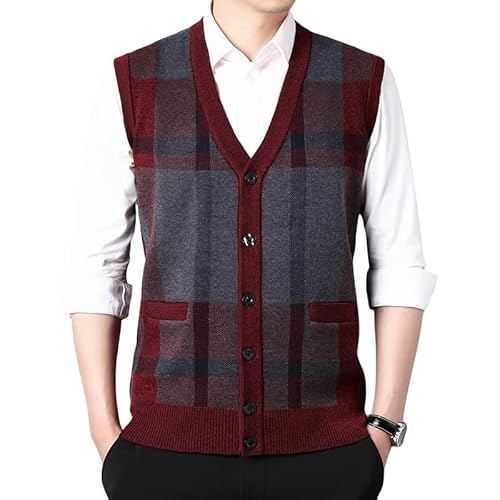 UTZERO Pulloverweste für Herren,Herren Strickwesten,Klassisch Gestreift Pullunder Weste mit Knöpfen Elegante Strickweste mit V-Ausschnitt Und Tasche Herbst Winter Gentleman Fit Tank Tops Rot 4XL von UTZERO