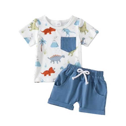 UUAISSO Baby Jungen Kleidung Dinosaurier Druck Kurzarm Tops Tasche Einfarbig Shorts Sommer Outfits Graublau 2-3 Jahre von UUAISSO