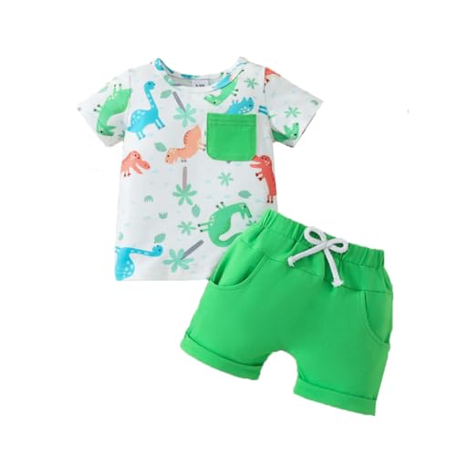 UUAISSO Baby Jungen Kleidung Dinosaurier Druck Kurzarm Tops Tasche Einfarbig Shorts Sommer Outfits Grün Dinosaurier 18-24 Monate von UUAISSO