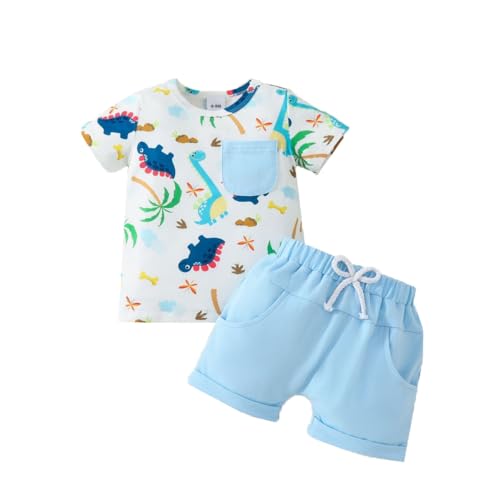 UUAISSO Baby Jungen Kleidung Dinosaurier Druck Kurzarm Tops Tasche Einfarbig Shorts Sommer Outfits Hellblau 0-6 Monate von UUAISSO